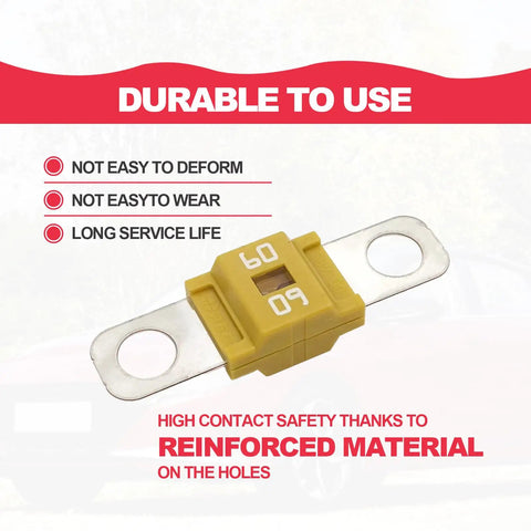 Pack Of 3 Heavy Duty 60 Amp Midi Fuses High Current Bolt On Swap For Cars Trucks Construction Gear Golf Carts Tough As Nails Yellow Fuse with Zinc Terminals.