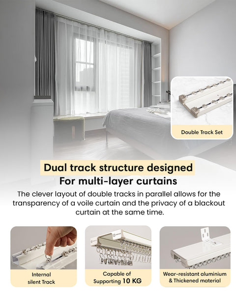 Dual Track Ceiling And Wall Curtain System, Heavy Duty Double Rails With Silent Slides For Room Dividers, 8ft To 10ft Length, Includes Hooks Clips Brackets, White in bedroom window setup