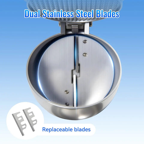Close-up of dual stainless steel blades inside Top Shelf Heavy Duty Electric Ice Crusher And Shaver with replaceable parts.