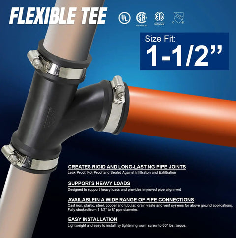 No Sweat Flex Tee Coupling With Heavy Stainless Steel Bands Fits One Point Five Inch Pipe For Dwv And Sewer Lines Rust Tight Gasket Seal