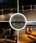 Collage showing 2W LED Deck Lights Pack Of 10 Low Voltage Landscape Lighting With Replaceable G4 Bulbs 3000K illuminating outdoor decks