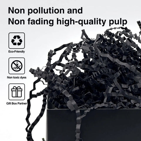 One Pound Crinkle Cut Paper Shred Filler For Gift Boxes Baskets And Bags Perfect For Holidays Parties Sub Boxes And Mailers Eco Friendly Recyclable Black Shredded Paper Packaging Filler in box