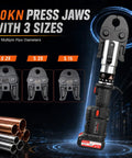21V Brushless Electric Copper Pipe Crimper with 60KN press jaws for multiple sizes, S25, S20, S15, shown with copper piping.