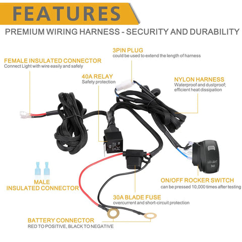One Lead Wiring Harness For LED Light Bar And Fog Lights 12V Universal Kit with 40A Relay, Nylon Wire, Rocker Switch