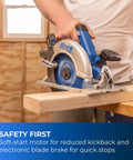 Person using 20V Ionic Drive 7.25 Inch Circular Saw Bare Tool With Powerful Brushless Motor Built-In Safety Features in workshop.