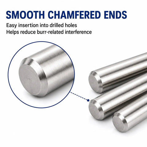Close-up of 10mm Dowel Pins Kit 70mm Length Non-Threaded Cylindrical Alignment Pins with chamfered ends for easy insertion