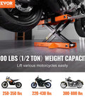 Beefy 1100 Lbs Motorcycle Lift Center Scissor Jack With Saddle And Safety Pin lifting motorcycle in garage