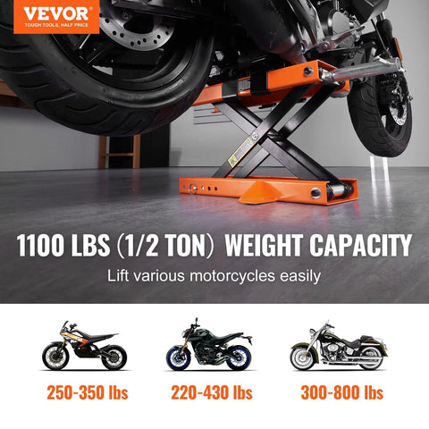 Beefy 1100 Lbs Motorcycle Lift Center Scissor Jack With Saddle And Safety Pin lifting motorcycle in garage