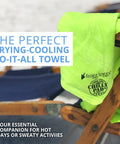Green Chilly Pad Cooling Towel for Sports and Outdoors on a chair arm, showing logo, 33 by 13 inches, for lasting cooling and sun protection.