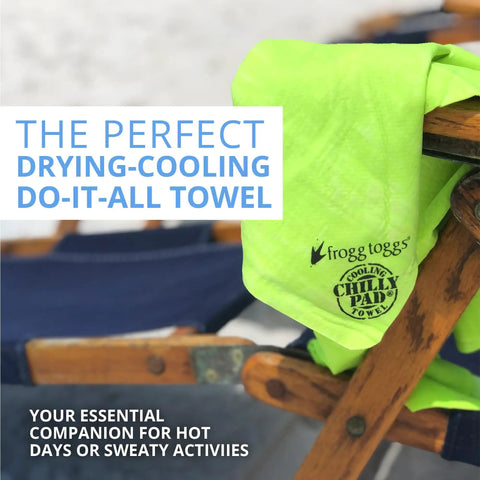 Green Chilly Pad Cooling Towel for Sports and Outdoors on a chair arm, showing logo, 33 by 13 inches, for lasting cooling and sun protection.