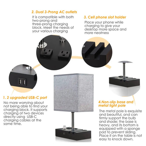 Fully Dimmable Table Lamp With Two USB Ports And Two AC Outlets Bedside Lights With Phone Slots Grey Nightstand Lamp features