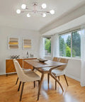 Dining area with Six Light Nickel Sputnik Ceiling Chandelier With Mid Century Style, Modern Semi Flush Mount Hanging Light Fixture.