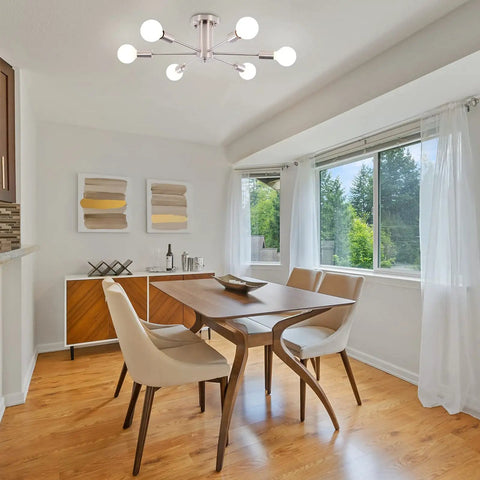 Dining area with Six Light Nickel Sputnik Ceiling Chandelier With Mid Century Style, Modern Semi Flush Mount Hanging Light Fixture.