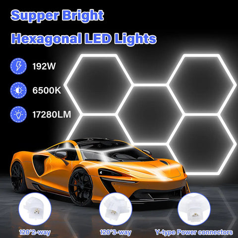 Hexagon Shaped Garage Light Panel Three Level Dimmable LED Ceiling Fixture 192W 6500K Boss Level Bright 25650LM shown with car