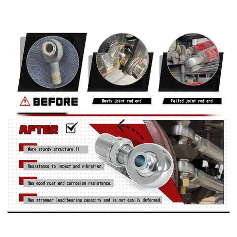 Image showing before and after of 1.25 Inch Heim Joint Rod End Kit Left And Right Hand Thread, heat treated chromoly steel for heavy duty steering.