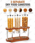 Triple Cereal Dispenser Countertop Stand With Independent Twist Knobs Moisture Sealed Clear Canisters For Oats Granola Rice Nuts And Coffee Beans, showcasing three jars with a wood base.