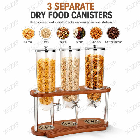 Triple Cereal Dispenser Countertop Stand With Independent Twist Knobs Moisture Sealed Clear Canisters For Oats Granola Rice Nuts And Coffee Beans, showcasing three jars with a wood base.