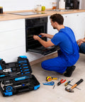 Man using Grab And Go 39 Piece Basic Home Tool Set with claw hammer, 20 screwdrivers, in blue toolbox, fixing kitchen oven