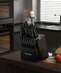 No Fuss All In One 21 Piece Kitchen Knife Set with Block and Built-In Sharpener, German Stainless Steel Blades, Black Block on Counter