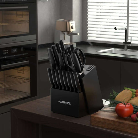 No Fuss All In One 21 Piece Kitchen Knife Set with Block and Built-In Sharpener, German Stainless Steel Blades, Black Block on Counter