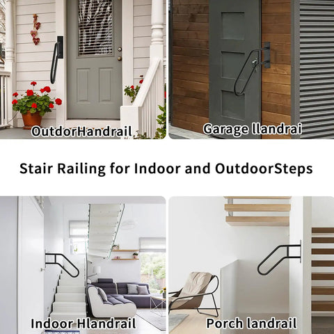 Heavy Duty Wrought Iron Handrails For Outdoor Steps And Indoor Stairs Built Like A Tank With Rustproof Frosted Black Finish Wall Mount Porch Deck Safety Grab Bars Got Your Back When Things Get Slippery - Various stair railings on indoor and outdoor stairs.
