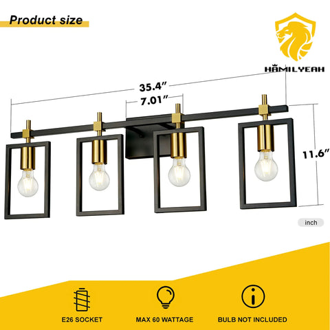 4 Light Bathroom Vanity Fixture With Black And Brass Finish 36 Inch Industrial Wall Mount Vanity Lighting shown with dimensions
