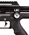 Close-up of the Zelos 22 Caliber PCP Pellet Gun Air Rifle with 20 round rotary magazine and pressure gauge