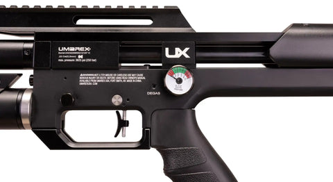 Close-up of the Zelos 22 Caliber PCP Pellet Gun Air Rifle with 20 round rotary magazine and pressure gauge