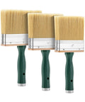 Deck Stain Brush Set 3 Pack With 4 Inch 5 Inch And 6 Inch Brushes, thick synthetic bristles, ergonomic green handles
