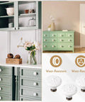 White Ceramic Cabinet Knobs And Pulls Set 24 Pack Retro Round Dresser Drawer Cupboard Handles with floral carvings on furniture