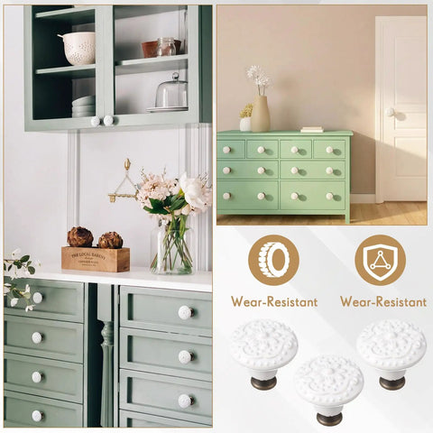White Ceramic Cabinet Knobs And Pulls Set 24 Pack Retro Round Dresser Drawer Cupboard Handles with floral carvings on furniture