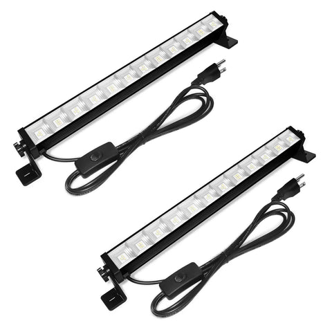 Two Pack 40W LED Shop Lights Daylight White 6000K 4800 Lumens Plug In Work Light With 6.5 Ft Cord And Easy Switch For Garage Workshop And Yard Energy Saving Up To 80 Percent Bright Daylight Illumination, showing two black LED lights with cords and switches