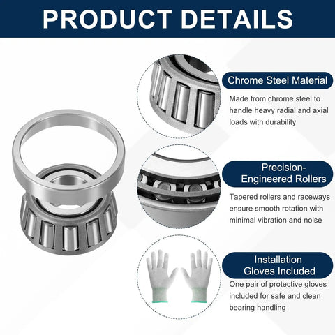 Tapered Roller Bearing Cone And Cup Set For 1.5 Inch Bore, 2.717 Inch Outer Diameter, 1.031 Inch Width, Chrome Steel High Strength Bearing Kit For Heavy Loads, Smooth Spins And Durable Performance.