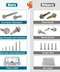 Comparison of Self Drilling Screws Assortment Kit In 410 Stainless Steel, 370 Pieces DIY Friendly vs regular screws in features and packaging.