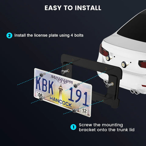 Rear License Plate Frame Bracket Mount For BMW And Mini Cooper 2005-2023 installation diagram with screws on car trunk
