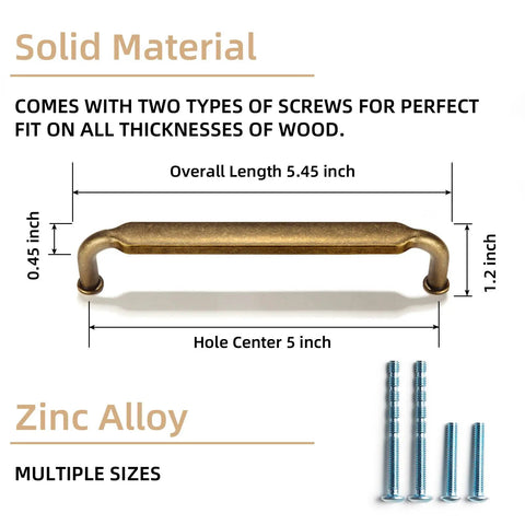 12 Pack 5 Inch Hole Center Cabinet Pulls Antique Brass Zinc Alloy Kitchen Drawer Handles With Two M4 Screws Included Durable 5.45 Inch Length Drawer Pulls For Cabinets And Dressers with screws showing multiple sizes
