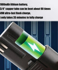 Electric Hydraulic Tube Bender Kit With Rechargeable Lithium Battery Bends Copper And Aluminum Pipes Fast 90 Degrees In Seconds Include 7 Dies For A C Repair And DIY Projects Heavy Duty Portable Design lithium battery close-up with charge indicator