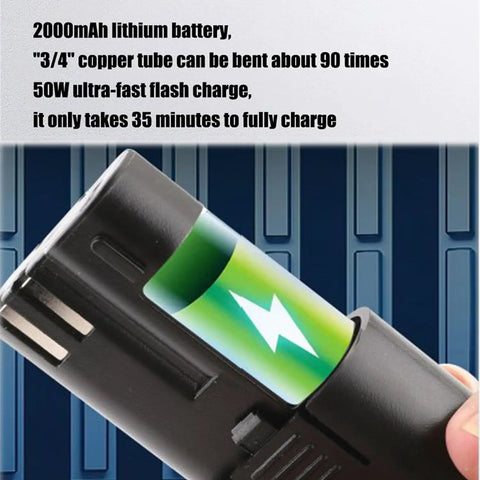 Electric Hydraulic Tube Bender Kit With Rechargeable Lithium Battery Bends Copper And Aluminum Pipes Fast 90 Degrees In Seconds Include 7 Dies For A C Repair And DIY Projects Heavy Duty Portable Design lithium battery close-up with charge indicator