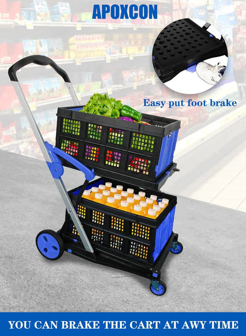 Dope Two Tier Collapsible Shopping Cart With Two Storage Crates And 360 Degree Swivel Wheels holding groceries