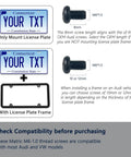 Diagram showing compatibility of Black M6-1.0 X 10mm Rear License Plate Screws with Audi and VW models.