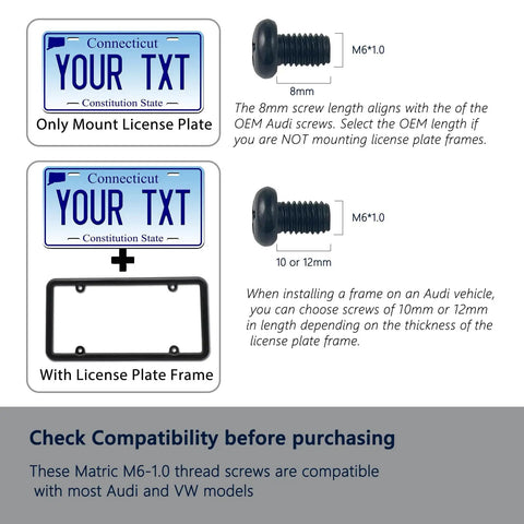 Diagram showing compatibility of Black M6-1.0 X 10mm Rear License Plate Screws with Audi and VW models.