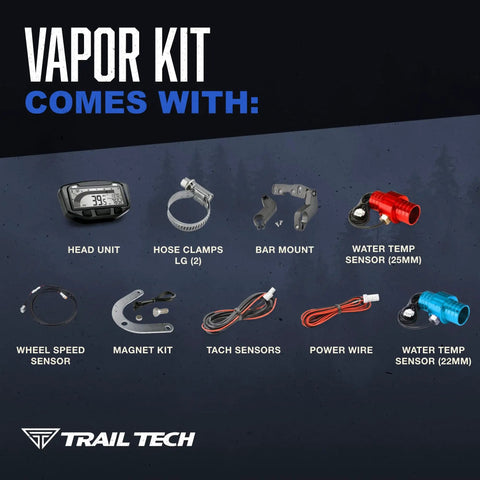 Vapor Digital Speedometer Tachometer Gauge Kit For Polaris Sportsman Ranger RZR ACE 2000-2019 Featuring RPM Graph, Speed Readout, Engine Temp, Ambient Temp, Resettable Distance, Clock, Ride Time, Odometer, Programmable LED Shift And Overheat Alerts. Kit parts laid out