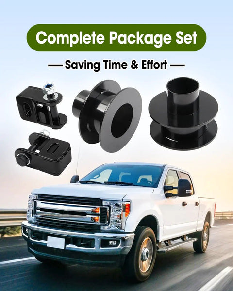 2.5 Inch Front Leveling Kit For Ford F250 F350 Super Duty 4X4 showing black steel coil spacers and shock mounts.