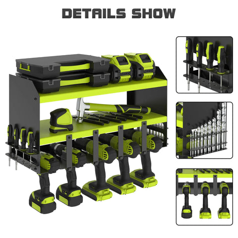 Power Tool Organizer With Five Drill Holders And Wall Mount Shelf showcasing cordless drills, green heavy-duty steel, and tools storage.