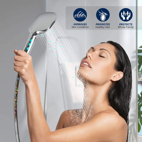 Woman using 2 Pack Shower Filter Replacement For Hard Water Softening, Upgraded KDF55 Media Purifier Removes Chlorine, Heavy Metals