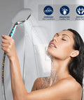 Filtered Shower Head With Handheld High Pressure 3 Mode Detachable Showerhead With KDF 55 Filter For Hard Water Reduces Chlorine Stainless Steel Hose And Adjustable Bracket in use, showcasing water spray.