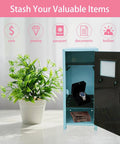Fresh Blue Mini Metal Locker Box With Reliable Lock And Dope Decorative Stickers Compact Desktop Storage Organizer For Jewelry Cash Stash Girl Gifts Desk Neat Stack displaying cash and watch.