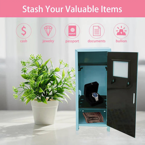 Fresh Blue Mini Metal Locker Box With Reliable Lock And Dope Decorative Stickers Compact Desktop Storage Organizer For Jewelry Cash Stash Girl Gifts Desk Neat Stack displaying cash and watch.