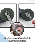Heavy Duty 2 Piece Angle Grinder Wrench Kit Featuring A Solid Four Prong Flange Spanner For Snappy Wheel Changes And Zero Hassle Grip On Standard Grinders in use on carbon steel disc.