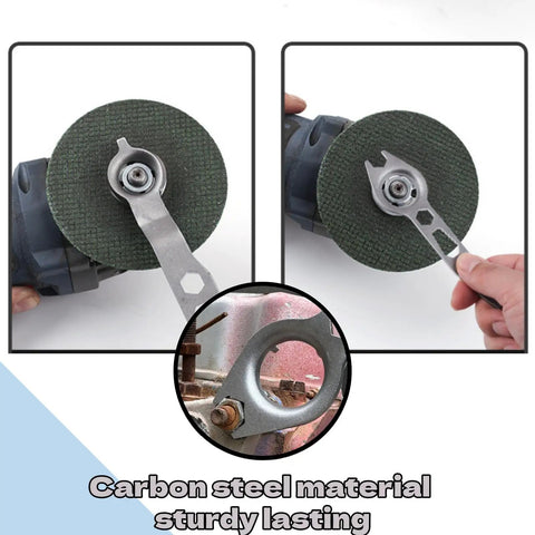 Heavy Duty 2 Piece Angle Grinder Wrench Kit Featuring A Solid Four Prong Flange Spanner For Snappy Wheel Changes And Zero Hassle Grip On Standard Grinders in use on carbon steel disc.